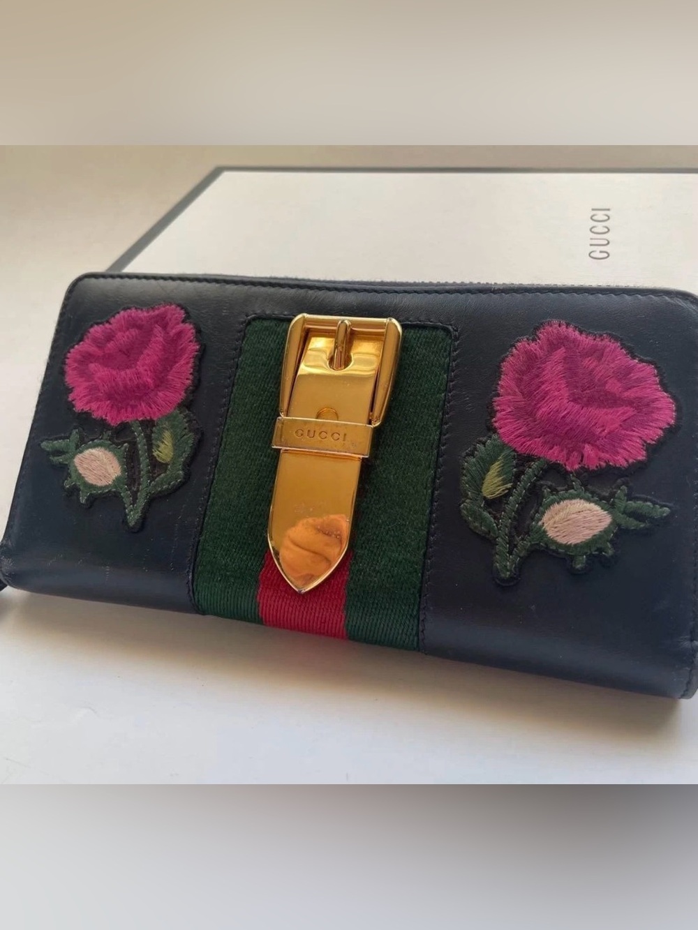 RARE Gucci Sylvie Embroidery Long Wallet Navy Gold Hardware